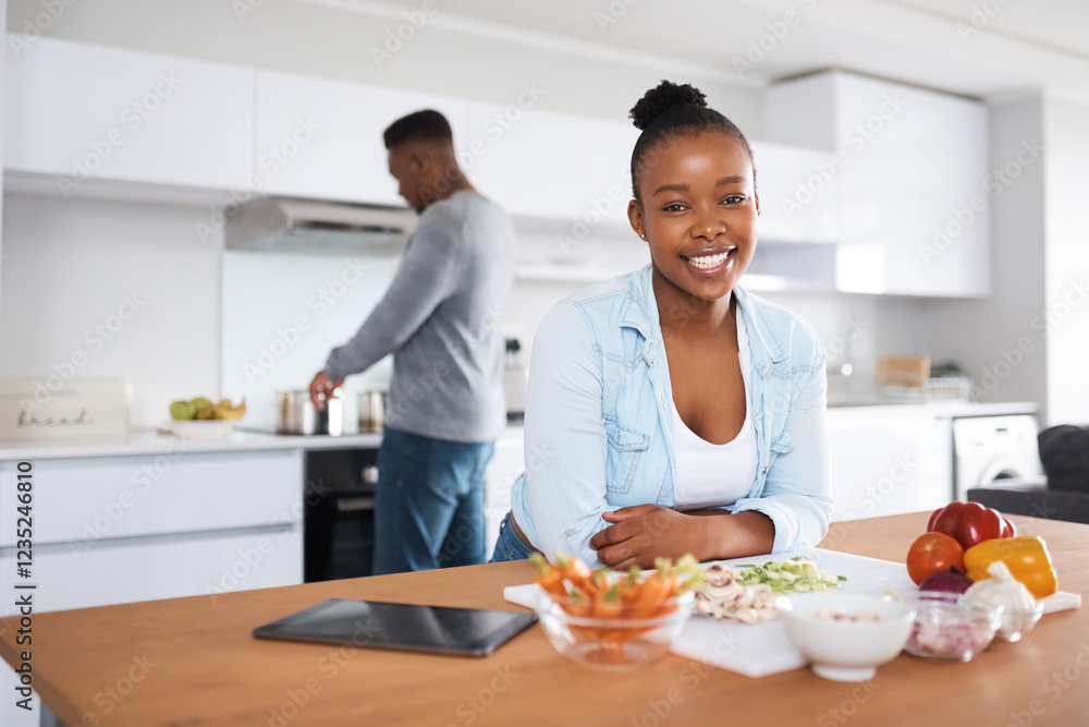 Happy, ingredients and portrait of black woman in kitchen with husband cooking healthy dinner. Smile, love and African female person with diet groceries for nutrition supper, lunch or meal in home. Happy, ingredients and portrait of black woman in kitchen with husband cooking healthy dinner. Smile, love and African female person with diet groceries for nutrition supper, lunch or meal in home.