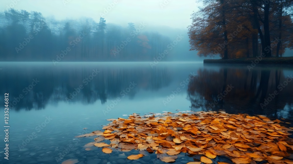 Obraz premium A lake with a foggy sky and trees in the background