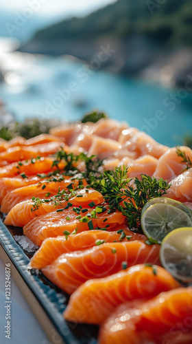 Closeup of a meticulously arranged salmon sashimi platter garnished with herbs and lime Stunning ocean backdrop adds to the luxurious dining experience photo