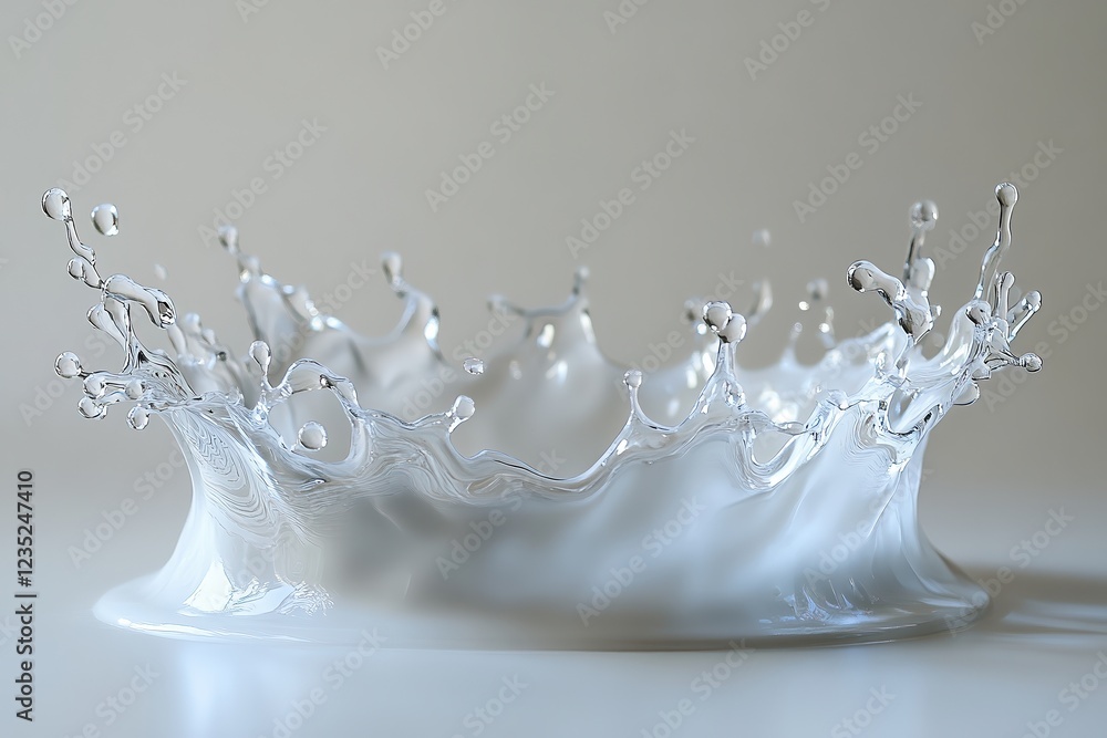 Milk splash against white background, smooth and creamy arcs forming a crown-like shape with delicate droplets frozen mid-fall. Milk splash against white background, smooth and creamy arcs forming a crown-like shape with delicate droplets frozen mid-fall.