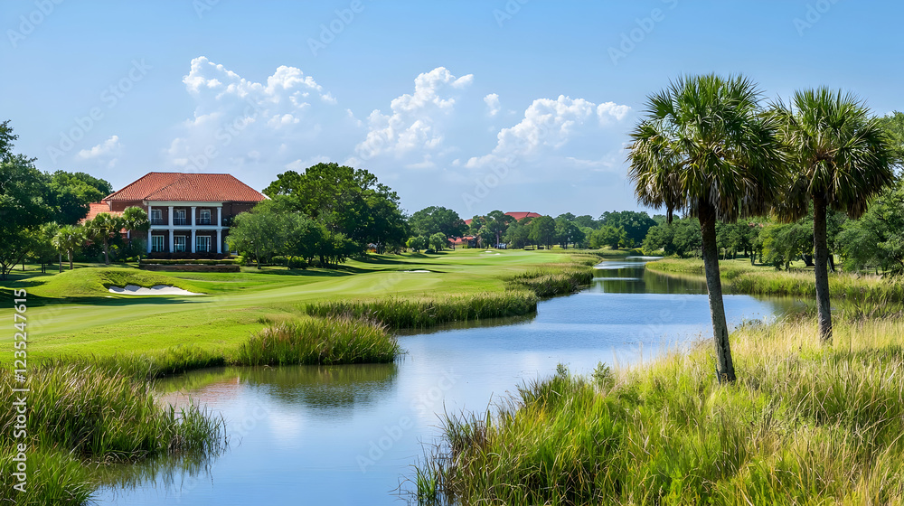 Golf course home, waterway, sunny day, lush landscape, travel brochure Golf course home, waterway, sunny day, lush landscape, travel brochure