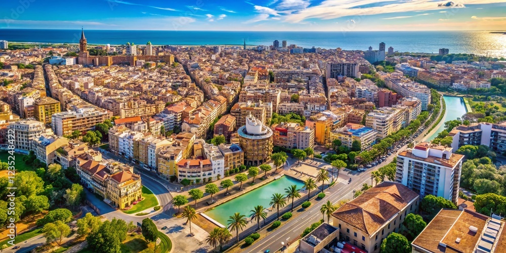 Fototapeta premium Aerial View of Valencia, Spain: Cityscape, Architecture, Coastline, Mediterranean Sea