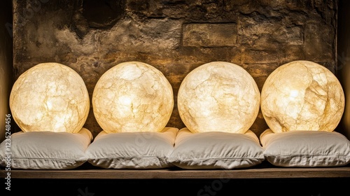 Wallpaper Mural Soft glowing orbs illuminate a rustic wooden shelf in a warm, cozy setting showcasing elegant design and creativity Torontodigital.ca