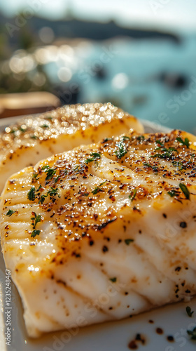 Two panseared cod fillets seasoned and garnished with fresh herbs are presented on a white plate A blurry coastal background suggests a seaside restaurant or outdoor dining setting photo