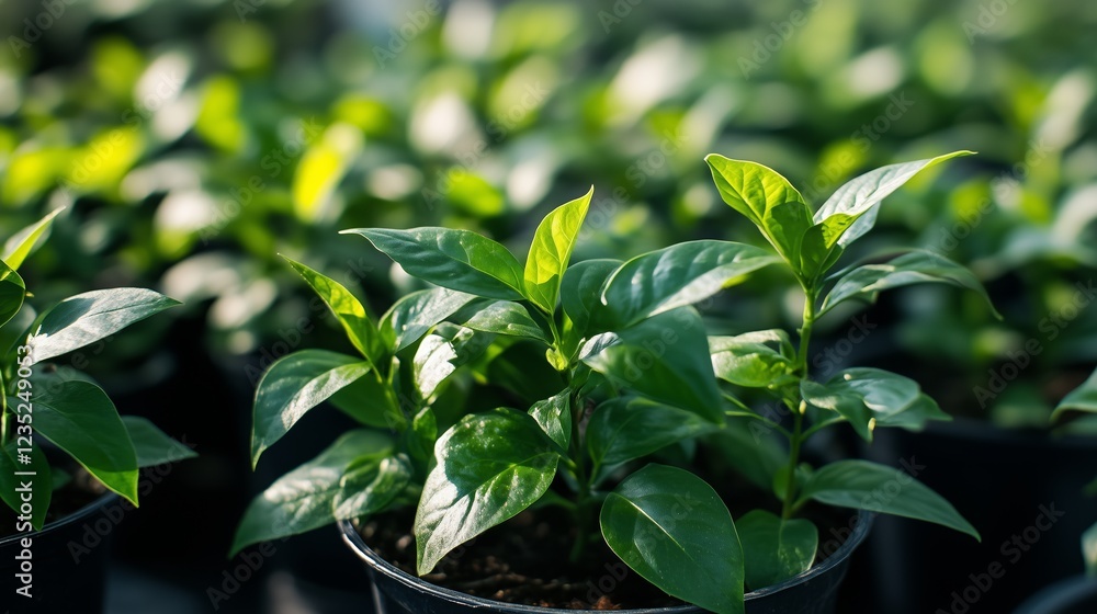 Young plant in a black pot, vibrant leaves, healthy growth Young plant in a black pot, vibrant leaves, healthy growth