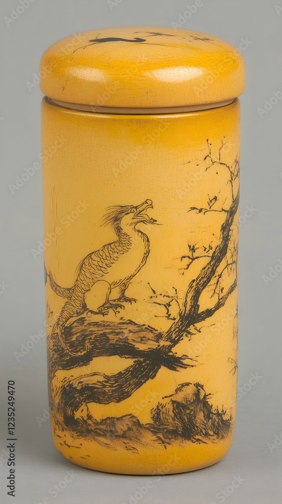 Obraz premium Yellow cylindrical container with bird and tree painting, studio shot, gray background, tea storage