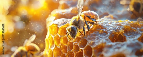 A honeybee on golden honeycomb illuminated by warm sunlight photo