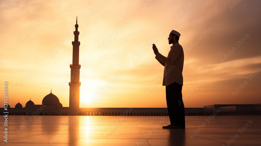 Fototapeta premium Silhouette of religious muslim man praying with raised hands in front of Sheikh Zayed Grand Mosque at sunrise, Abu Dhabi, United Arab Emirates