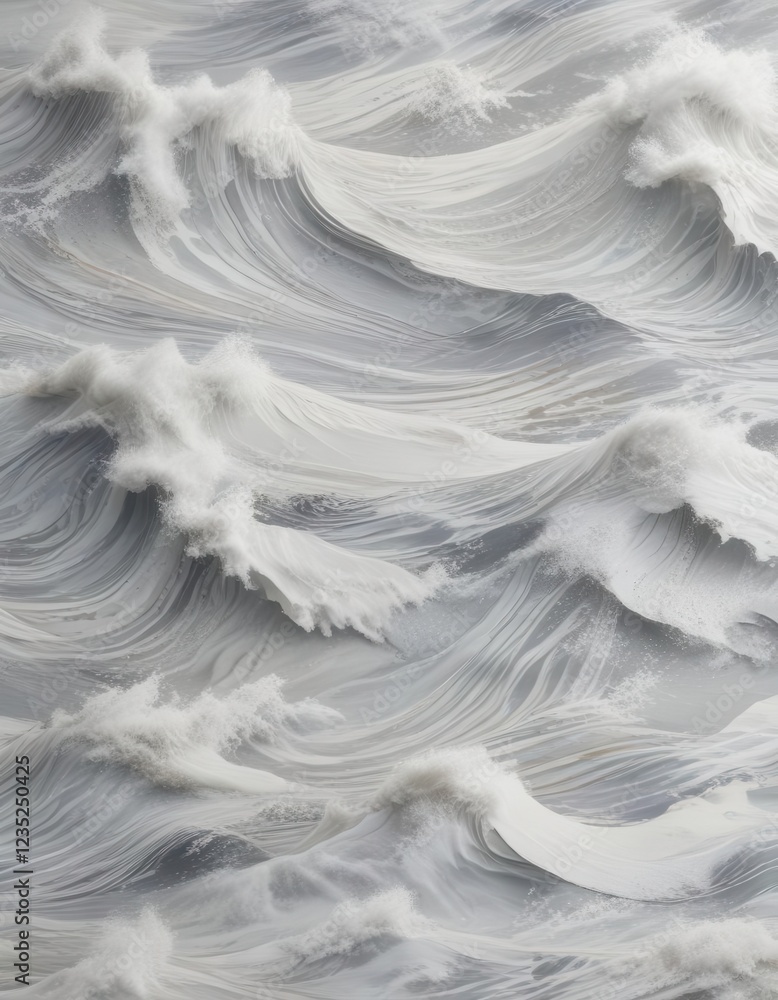 Obraz premium Eerie yet serene marine seamless pattern with stylized waves on a pale grey background, texture, mysterious