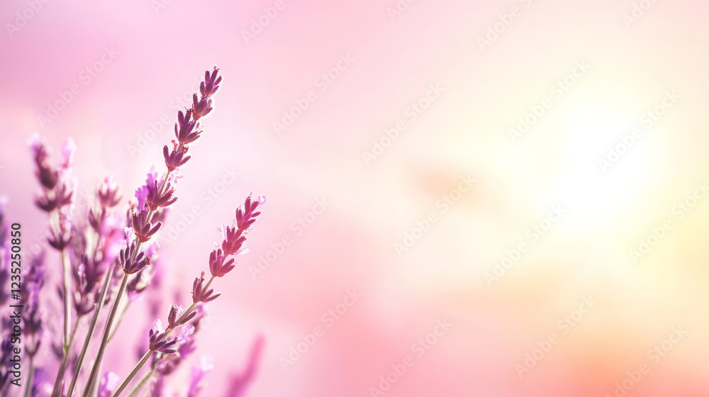Obraz premium Minimalist fisheye angle photo of a sprig of lavender flowers growing on a soft pastel background with copy space in high key, minimalist style