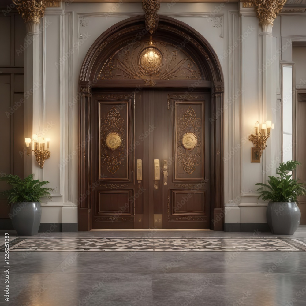 Elegant hotel lobby with service bell and ornate doors, doors, grand entrance Elegant hotel lobby with service bell and ornate doors, doors, grand entrance