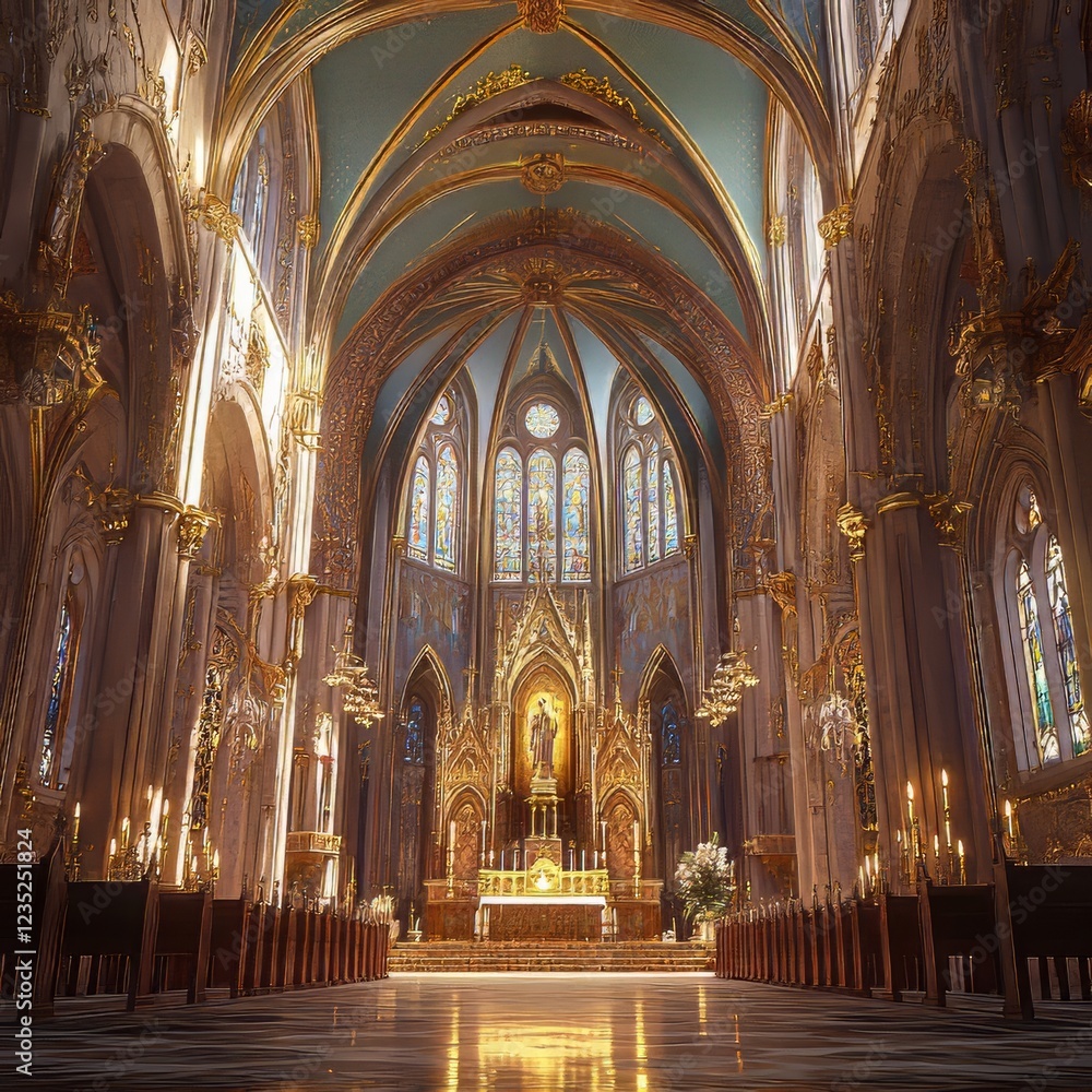 Fototapeta premium Ornate church interior, golden light