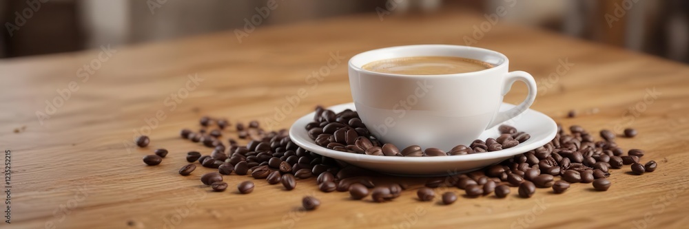 Espresso coffee cup on wooden table with beans scattered around, table, espresso Espresso coffee cup on wooden table with beans scattered around, table, espresso