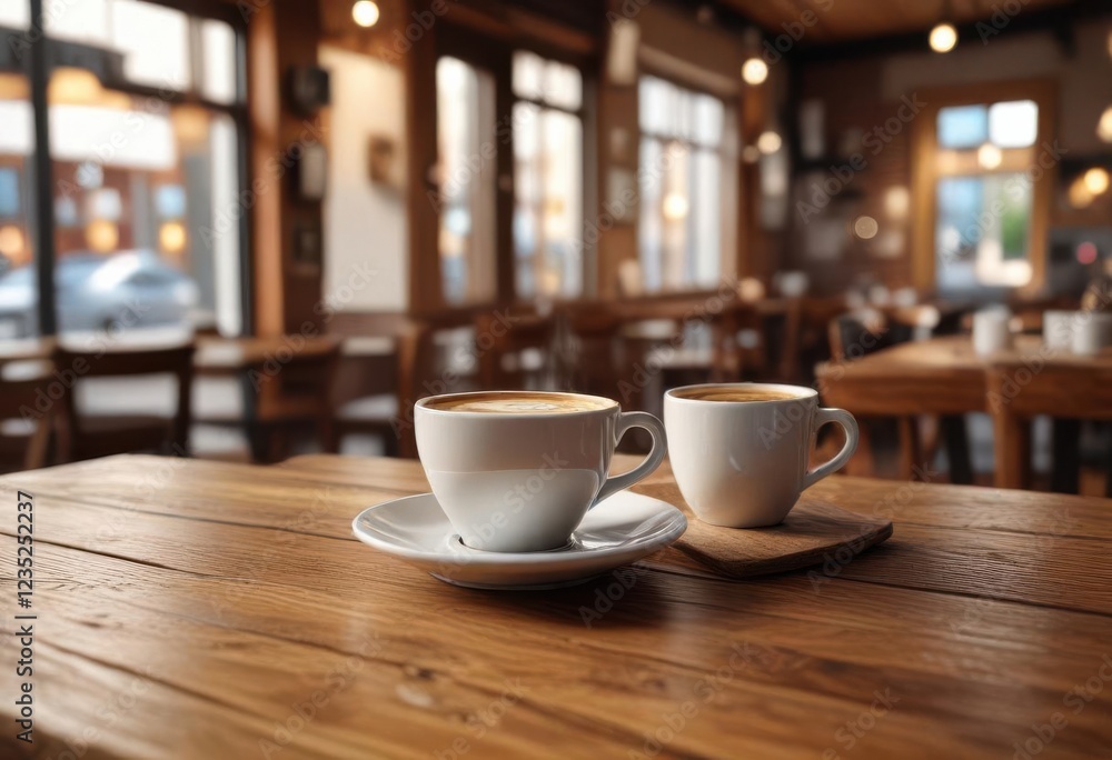 Espresso cup on wooden table at cozy cafe background, glass, brown Espresso cup on wooden table at cozy cafe background, glass, brown