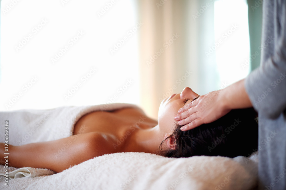 Obraz premium Massage, facial and woman for therapy at spa, beauty treatment and holistic healing with skincare. Masseuse, luxury resort and client pressure at salon, cosmetic service and smooth on mockup space