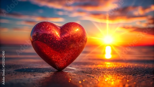Red Heart Shaped Stone at Sunset on Beach