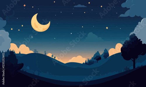 Minimalist Night Landscape with Crescent Moon and Stars in Vector Style