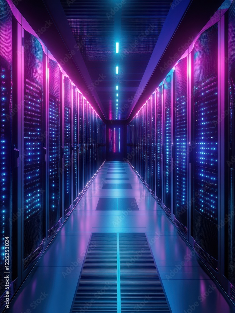 Corridor of a data storage facility with the glow of blue and purple LED lights between the high speed computing servers. Internet and cloud services concept Corridor of a data storage facility with the glow of blue and purple LED lights between the high speed computing servers. Internet and cloud services concept