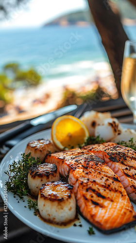 Closeup of grilled salmon and seared scallops on a plate garnished with lemon and herbs Ocean view background Luxurious outdoor dining photo