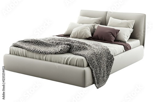 Minimalist bedroom interior, modern furniture a bed with blanket and pillows, isolated on transparent background