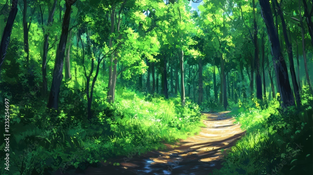 Obraz premium Sunlit Path Through Lush Green Summer Forest