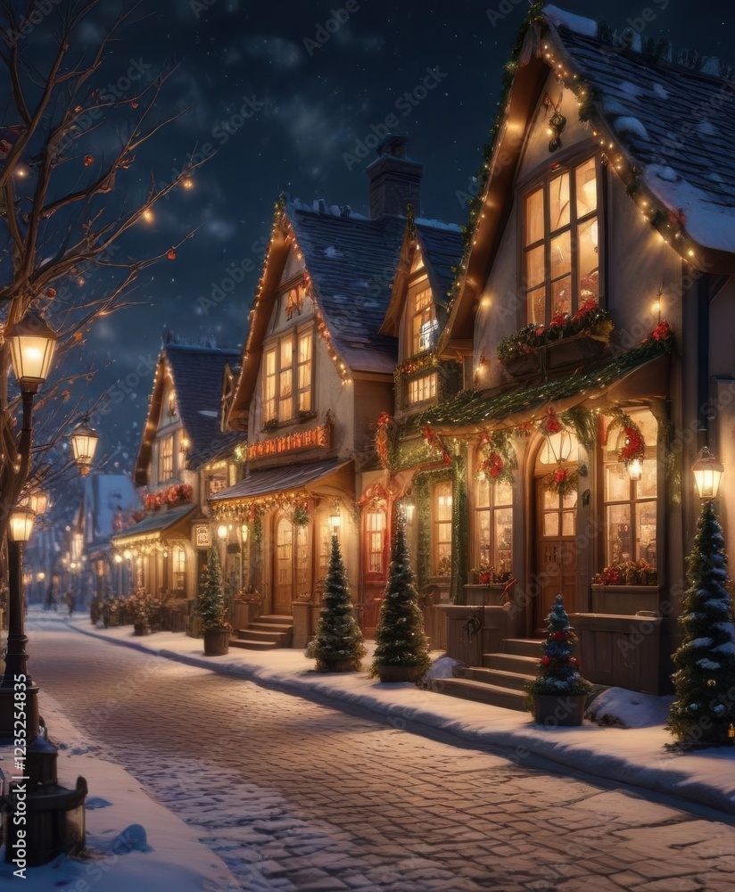 Fototapeta premium festive Christmas village with decorated houses and shops, Christmas scene, Christmas village
