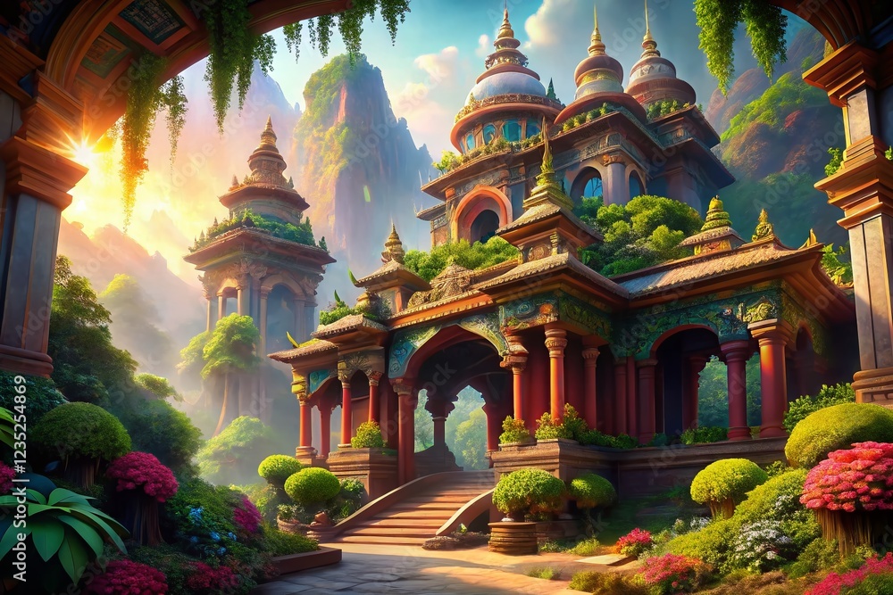 Fototapeta premium Artistic Temple Arches in Vibrant Landscape: Painted Stone Gateway Photography