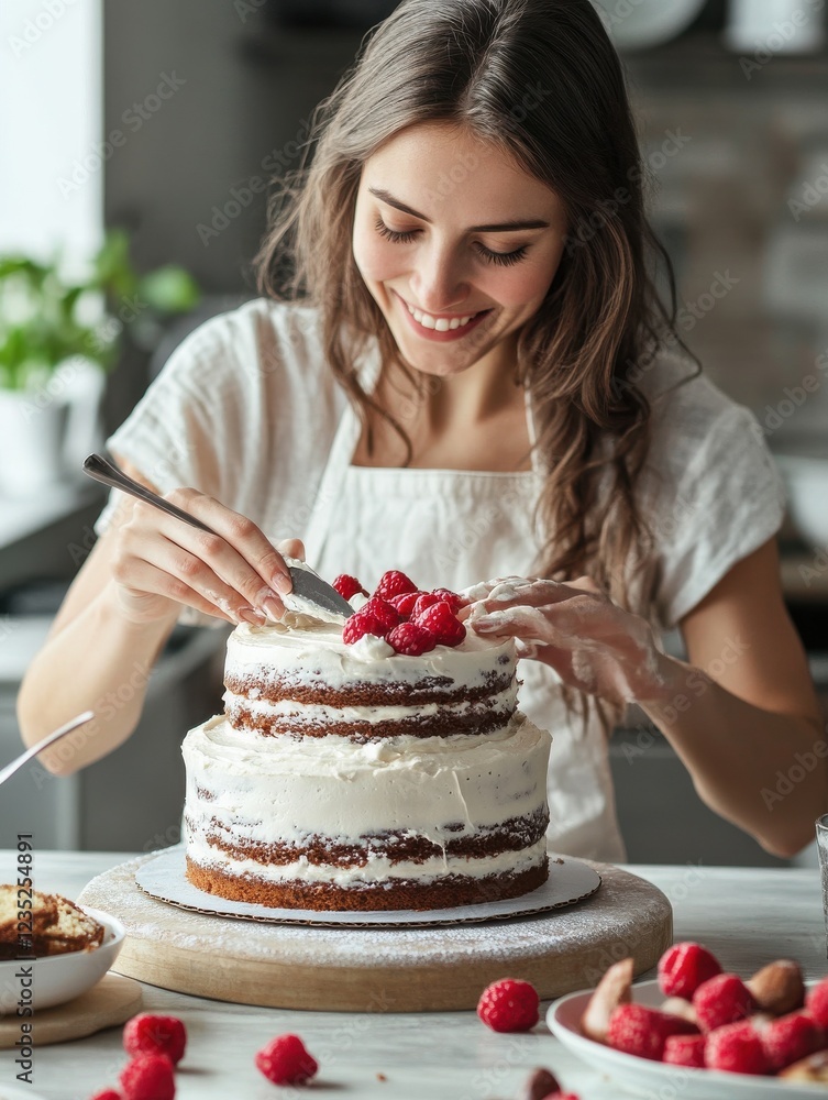 culinary, baking and cooking food concept - happy smiling young woman making layer cake and spreading topping cream on kitchen at home