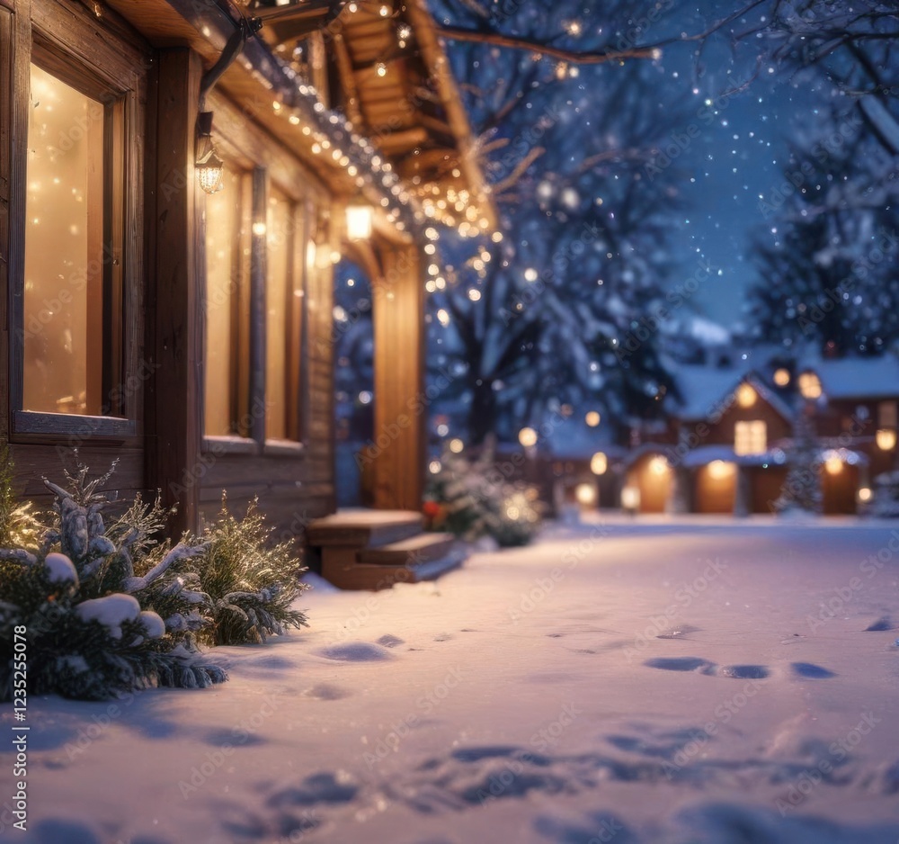 festive winter scene with snowflakes and Christmas lights, xmas decorations, snowy landscape festive winter scene with snowflakes and Christmas lights, xmas decorations, snowy landscape