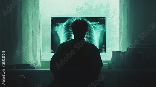 Doctor with radiological chest x-ray film for medical diagnosis on patienta??s health on asthma, lung disease, and bone cancer illness, healthcare hospital service concept. photo