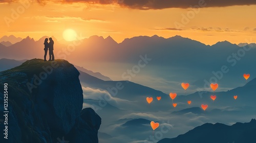 Couple Embracing on Mountaintop at Sunrise, Heart-Shaped Lanterns Floating into Sky photo