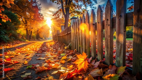 Autumnal Sun Flare Through Rustic Wooden Fence - Urban Exploration Stock Photo