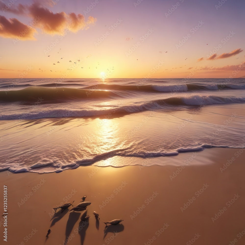 Fish and wave silhouettes on a sandy beach at sunset, sand, wave Fish and wave silhouettes on a sandy beach at sunset, sand, wave