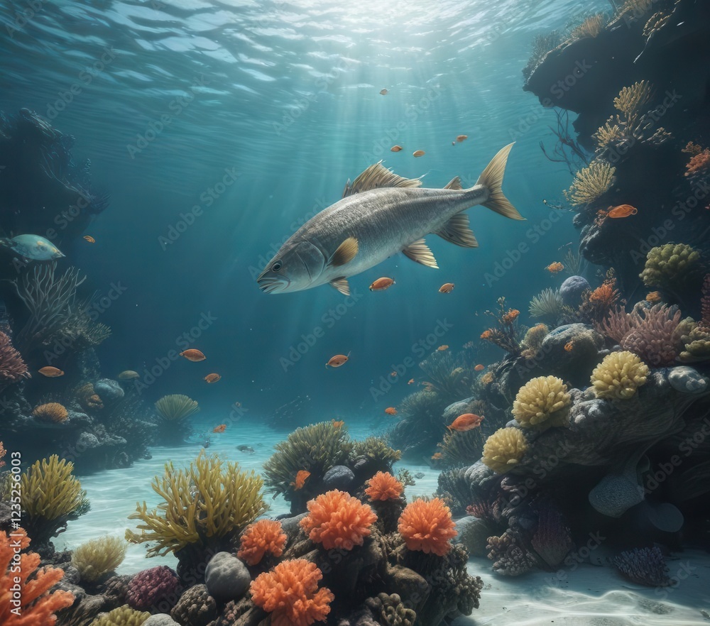 Obraz premium Fish swimming amidst ocean waves with coral and seaweed , waves, ocean habitat