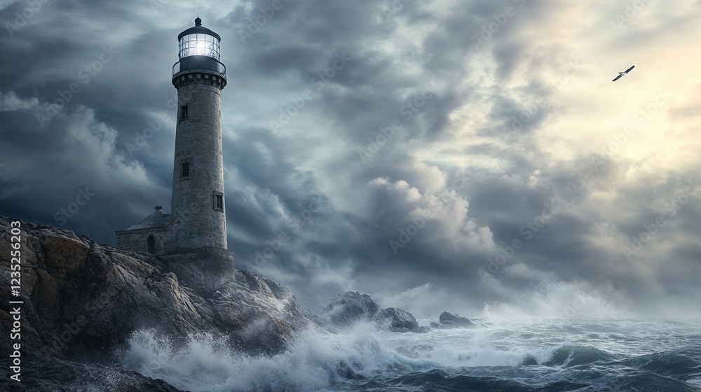 Steadfast Lighthouse Standing Defiantly Against Dramatic Storm-swept Sea Steadfast Lighthouse Standing Defiantly Against Dramatic Storm-swept Sea
