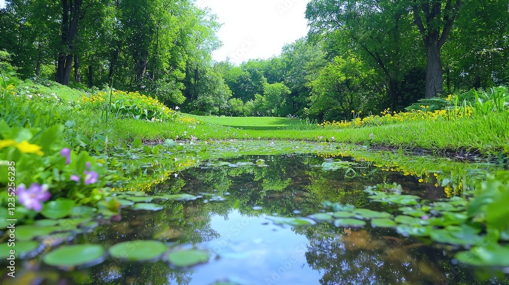 Fototapeta premium Tranquil garden pond, lush greenery, sunny day, idyllic scene, nature photography