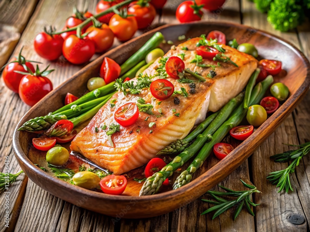 Baked Salmon with Asparagus and Tomatoes on Rustic Wooden Table Baked Salmon with Asparagus and Tomatoes on Rustic Wooden Table