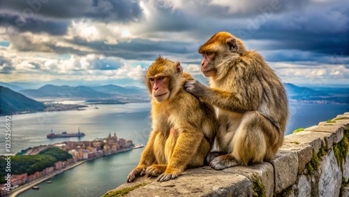 Barbery Apes Grooming with Scenic Gibraltar Seascape