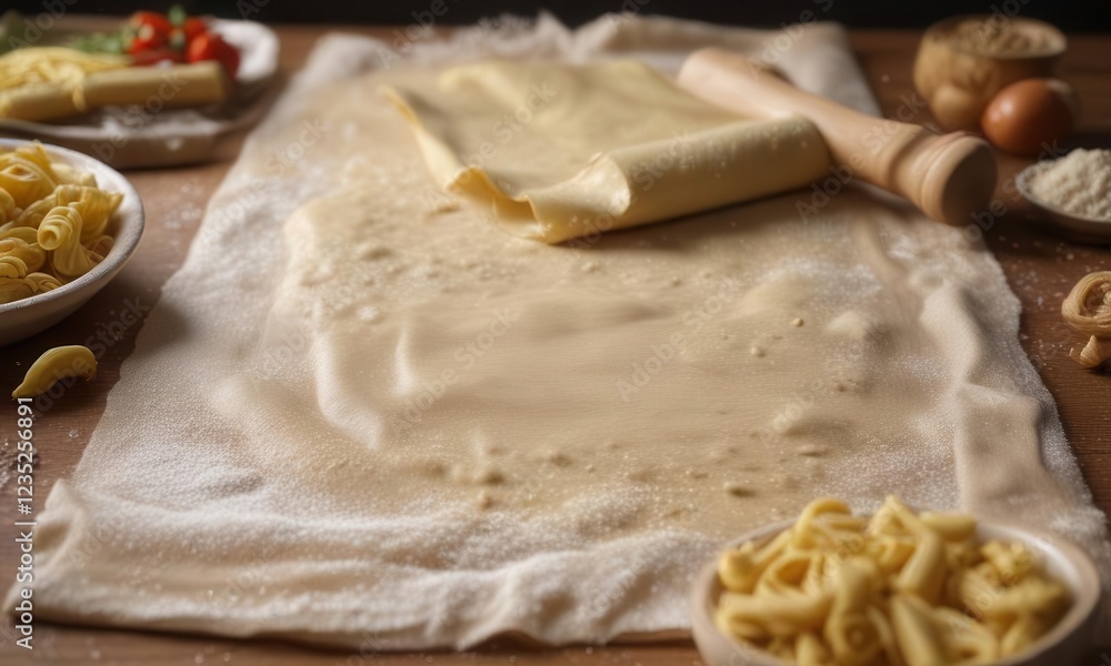 Flour dusts rolling pin as pasta sheets unfold, flour, Italy Flour dusts rolling pin as pasta sheets unfold, flour, Italy