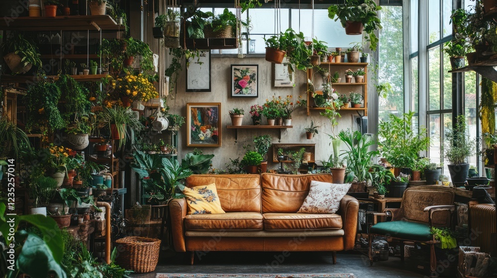 A Cozy Living Room Filled With Lush Green Plants A Cozy Living Room Filled With Lush Green Plants