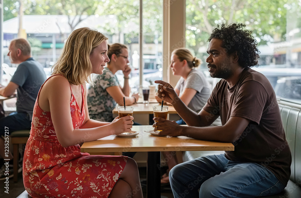 Engaging conversation over coffee in a bustling cafe in the city during the afternoon. Engaging conversation over coffee in a bustling cafe in the city during the afternoon.