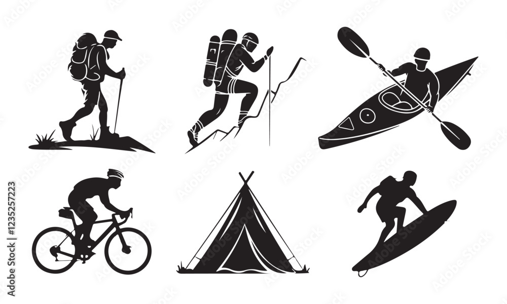 Fototapeta premium Outdoor Adventure Vector Icons - Hiking, Cycling, Kayaking, Surfing, and Camping