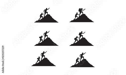 Mountain Climbing Adventure Vector Icons - Hiking and Teamwork Silhouettes