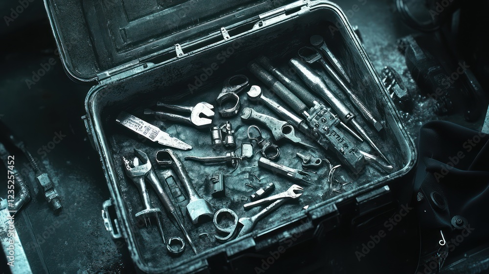 Fototapeta premium A weathered toolbox filled with various rusty tools