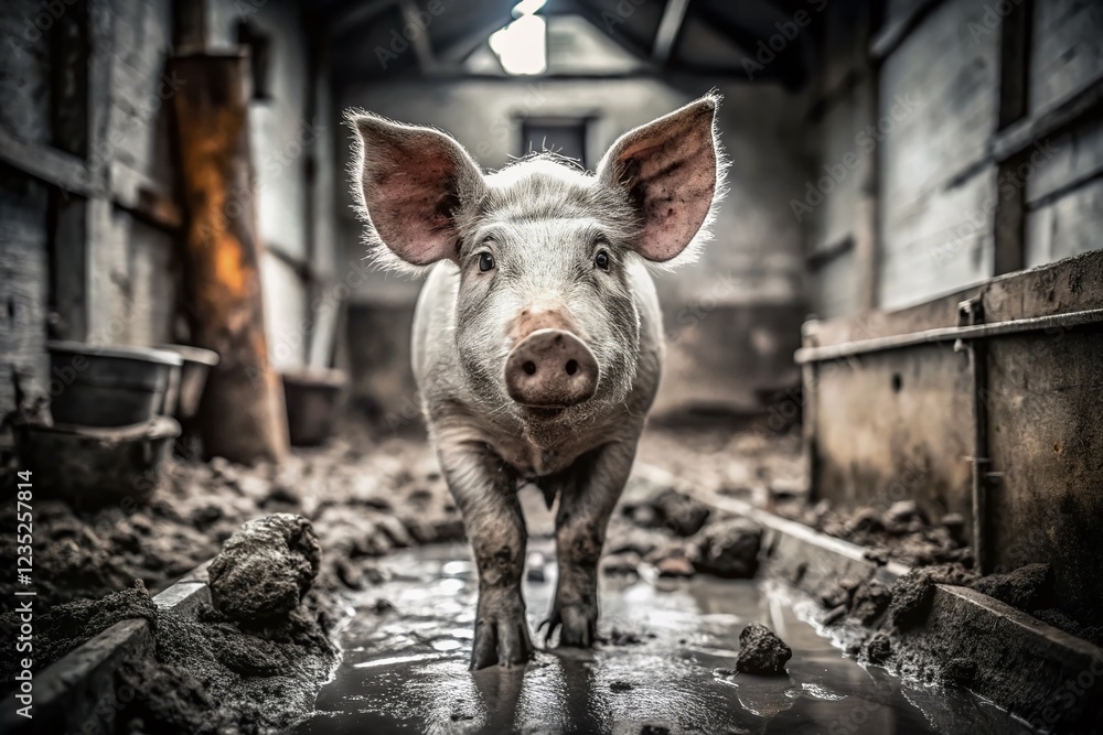 Fototapeta premium Black and White Pig in Muddy Pigsty: Rustic Farm Animal Documentary Photography