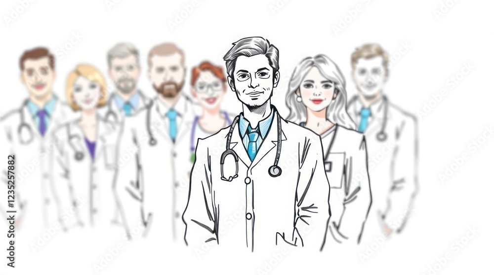 group of smiling healthcare professionals, including doctors and nurses, drawn in a clean and professional style group of smiling healthcare professionals, including doctors and nurses, drawn in a clean and professional style