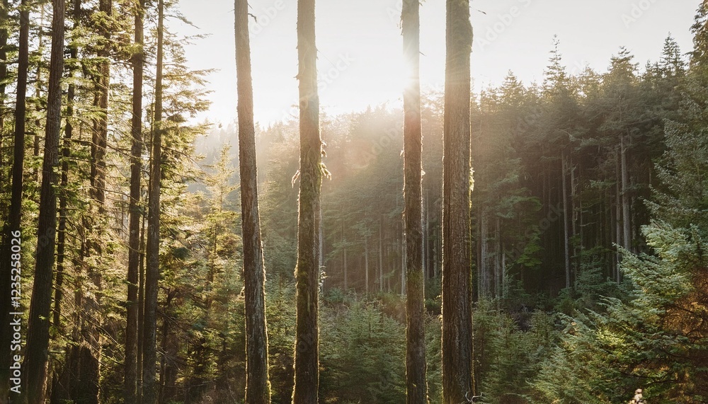 Obraz premium Golden Hour Sunlight Filtering Through Dense Forest Trees