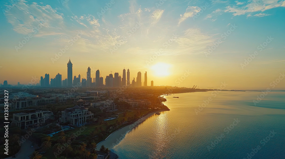 Fototapeta premium Panoramic Desert Skyline of Modern City with Skyscrapers under Blue Sky