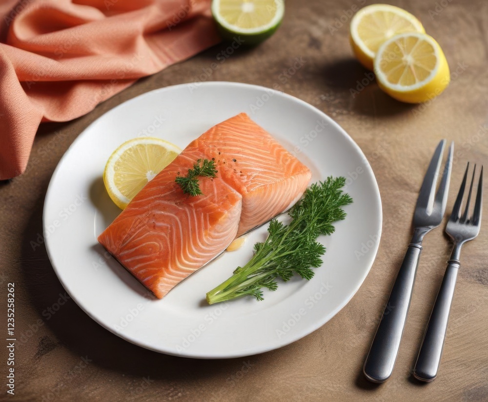 Fresh salmon fillet on a plate next to a fork and a lemon wedge, fish, meal Fresh salmon fillet on a plate next to a fork and a lemon wedge, fish, meal
