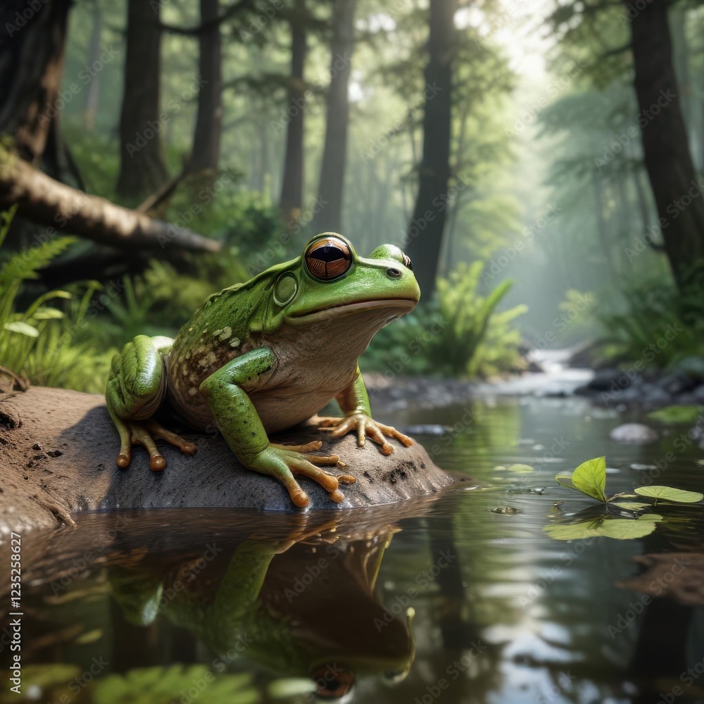 Fototapeta premium Frog in the forest near a stream with tall trees , nature, tree
